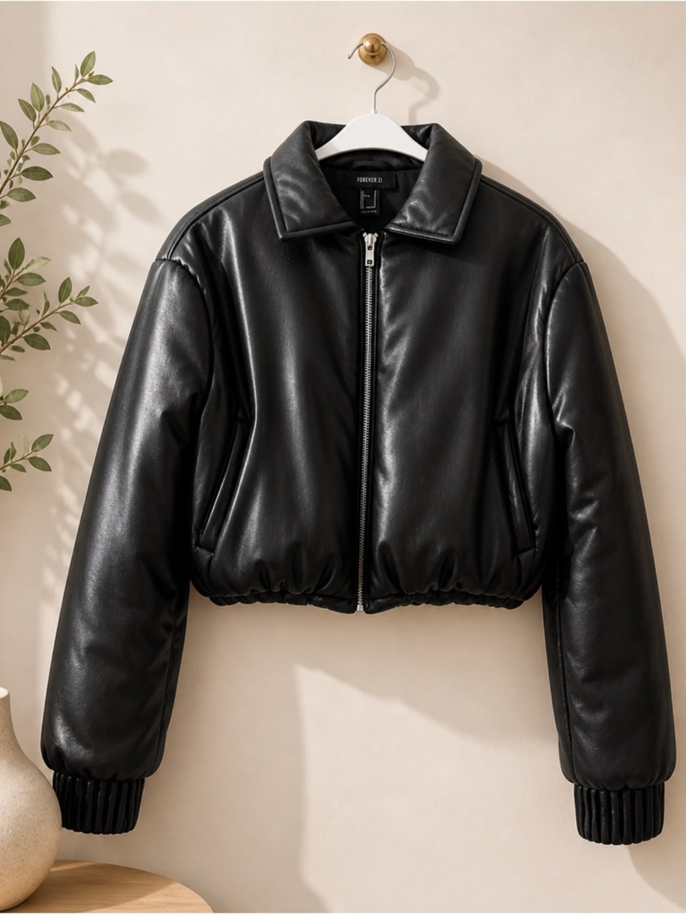 Forever 21 Black Faux Leather Cropped Bomber Jacket